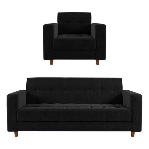 Kit Sofá 3 Lugares + Poltrona Verona - Suede - Preto