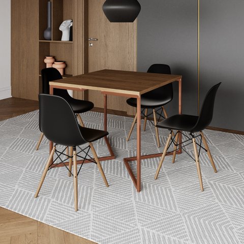 Mesa Industrial Jantar Quadrada Amêndoa 90x90cm Base Cobre V com 4 Cadeiras Eames Eiffel Pretas Made