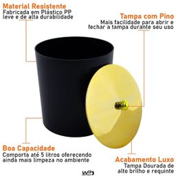 Lixeira 5 Litros Tampa de Pegar Dourada Banheiro Cozinha - Preto - 6