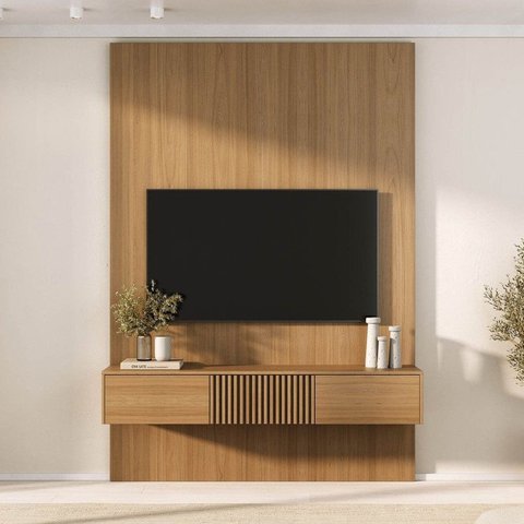 Rack Ripado com Painel TV até 60 Polegadas 160CMX230CM Aruá CabeCasa MadeiraOriginals Marrom Jatobá