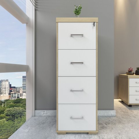 Gaveteiro Pasta Suspensa Dubai 4 Gavetas Chaveada Carvalho Branco Arquivo Escritório Premium