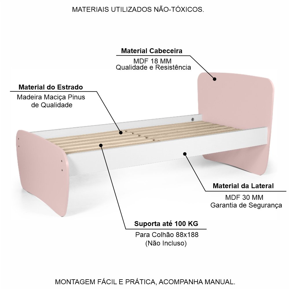 Cama Infantil Solteiro em Mdf e Madeira Arco-íris Rosa - Straub Web - 3