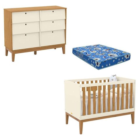 Berço Americano e Cômoda 6 Gavetas Unique Off White Freijó Eco Wood com Colchão Ortobom - Matic