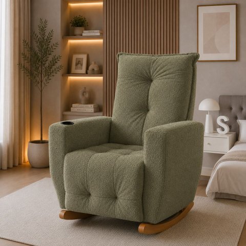 Poltrona de Amamentação Luna com Puff e Balanço Suave em Boucle – Conforto, Elegância e Qualidade