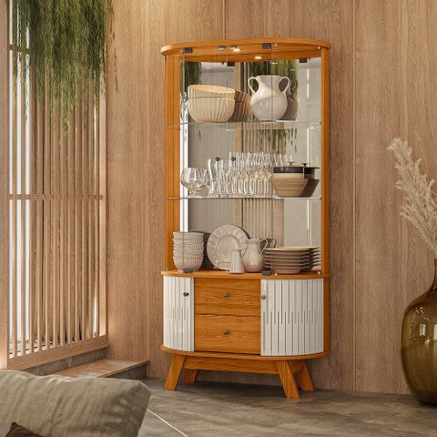 Cristaleira de Vidro com Led 91cm Sala de Jantar Zunari Cinamomo/off White M20 - D’Rossi