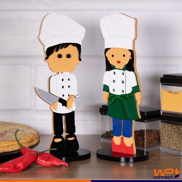 Casal Bonecos Mini Chef Jeff e Mari Adorno Decorativo em MDF - 3