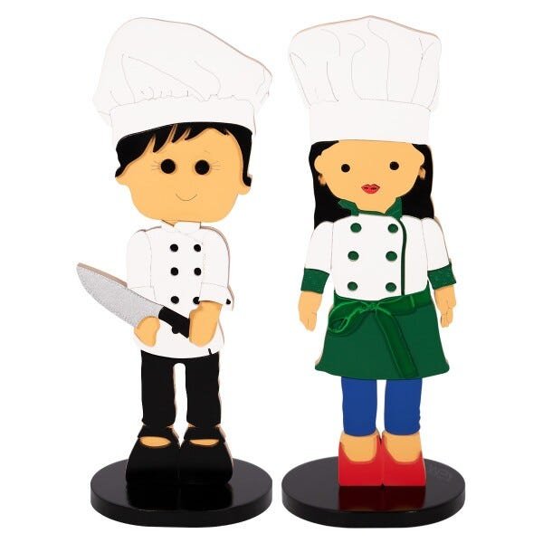 Casal Bonecos Mini Chef Jeff e Mari Adorno Decorativo em MDF