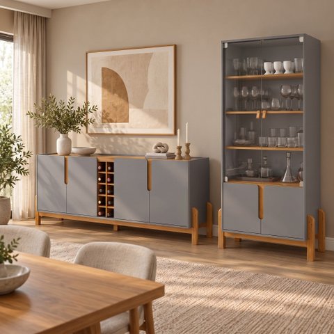 Conjunto Buffet + Cristaleira Lizz Cinza Pérola Buffet 190 cm Casa D