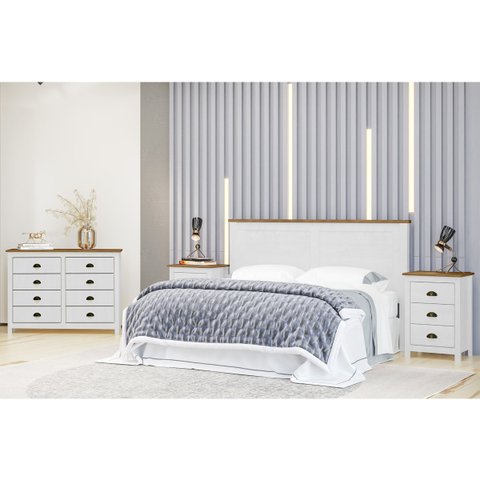 Conjunto Quarto: Cabeceira, Cômoda 8 Gavetas e 2 Mesas de Cabeceiras Topázio Branco/freijó Madeira P