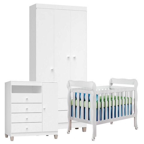 Quarto de Bebê 3 Portas Ternura Baby com Berço Lila Branco Brilho - Incorplac