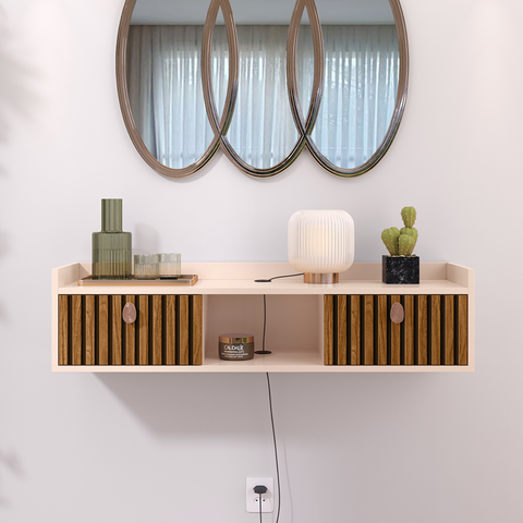 Aparador Suspenso 2 Gavetas Organizador Decorativo Quarto 0,90 Vegas - Off White / Ripado