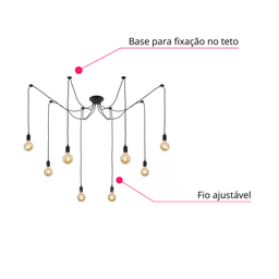 Lustre Pendente Aranha Preto Thomas Edison para 8 Lâmpadas Luxo Moderno Inl83 - 7