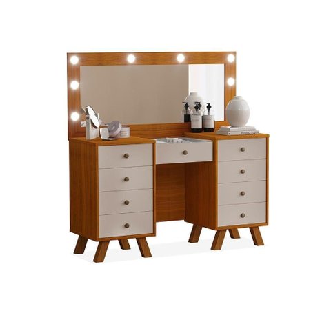 Penteadeira Aster 9 Gavetas com Espelho LED MDF Marrom Luapa Móveis