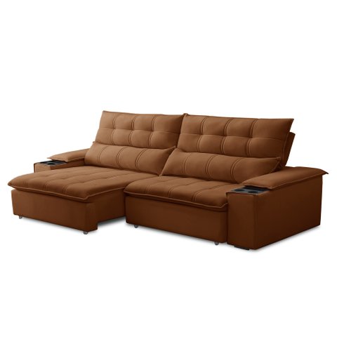 Sofá Retrátil 3 Lugares com Porta Copo 230cm Malta F05 Veludo Terracota - Mpozenato
