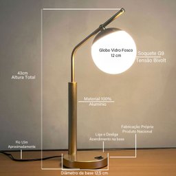 Abajur de Mesa Inclinado Moderno Dourado com Globo 12cm para Sala, Escritório e Quarto, Casa - 3