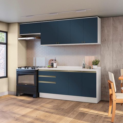 Armário de Cozinha Completa 100% Mdf 260cm Branco/azul Profundo Celeste Kappesberg