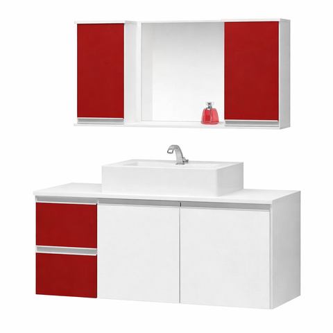 Conjunto de Banheiro Mdf 0,80m Branco Gabinete Cuba e Espelheira:branco/vermelho