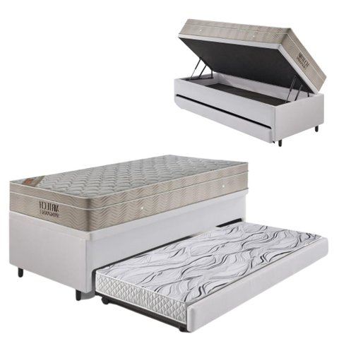 Bicama Box Baú 88x188 Courino Linho Branco com Colchão Airtech Ortobom