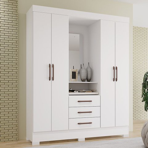 Guarda Roupa solteiro Tuboarte Onix 100% MDF Capelinha 4 Portas e 3 Gavetas Kit de Espelho e Pés