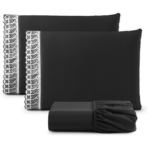 Jogo de Lençol Cama King Size 3 Peças 100% Algodão Percal 180 fios Com Leze:Preto