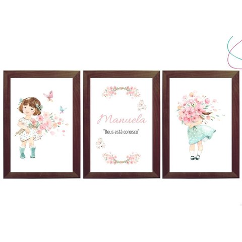3 Quadros Decorativos Infantil Menina Aquarela Flores:tabaco
