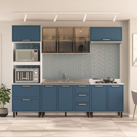 Cozinha sem Rodapé Torre Quente Armário Cristaleira Aéreo Basculante Balcão Amara Azul/Branco