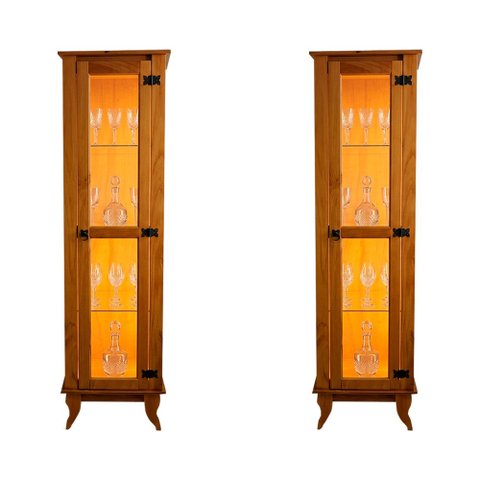 Conjunto 2 Cristaleira Alta Torre Moderno Sala/Quarto Organizador Madeira Maciça 1 Porta LED Freijó