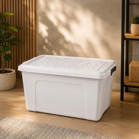 Caixa Plastica Grande 70L Branca Tampa Trava Organizador Roupas Objetos Brinquedos Deposito