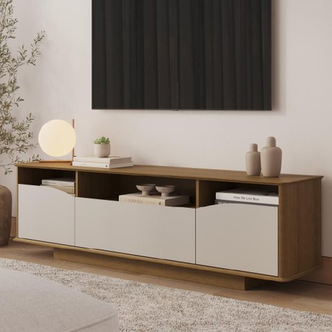 Rack 100% em MDF com 3 Gavetas Rimo Enseada - Jequitibá/Palha
