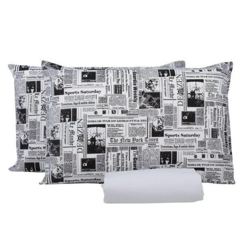 Jogo Lençol 3 Peças Cama Viúva( 1,88m x 1,28m x 30alt) Percal 150 Fios Estampa de Jornal