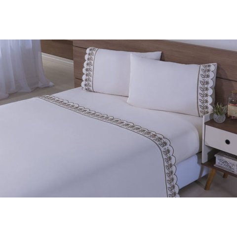 Jogo Lençol 4 Peças Cama Viúva Percal 200 Fios Bordado Richileu palha com caqui