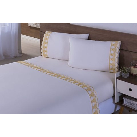 Jogo Lençol 4 Peças Cama Viúva Percal 200 Fios Bordado Palha com dourado