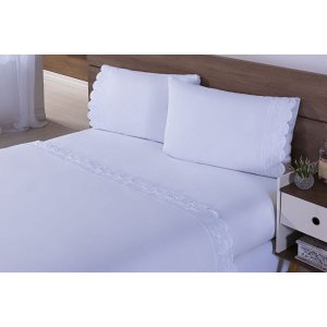 Jogo Lençol 4 Peças Cama Viúva Percal 200 Fios Bordado Branco