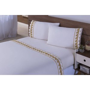 Jogo Lençol 4 Peças Cama Viúva Percal 200 Fios Bordado Palha com mostarda