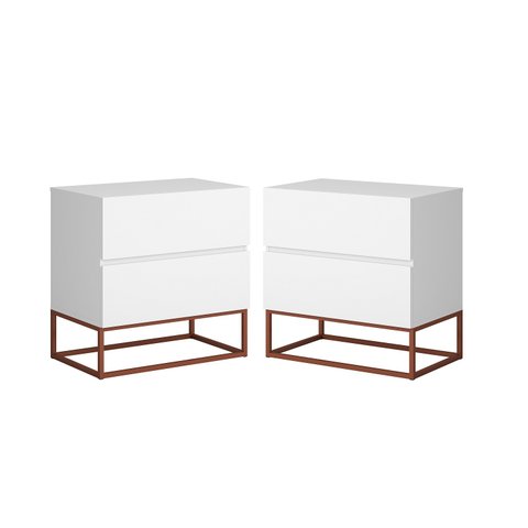 2 Mesas de Cabeceira Eros 45cm Puxadores Cava com Pés de Metal Cobre:branco