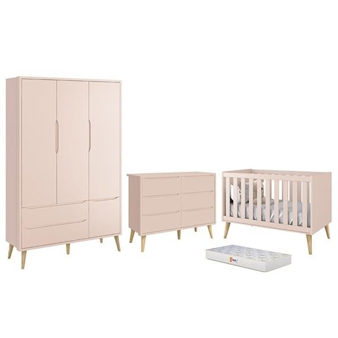 Dormitório Completo Infantil Theo 3 Portas, Cômoda 6 Gavetas, Berço Rosa Fosco com Pés Madeira Natur
