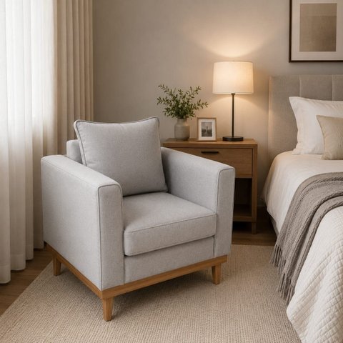 Poltrona Benny 01 Lugar em Linho com Base de Madeira para Sala, Quarto e Escritório Cinza Claro