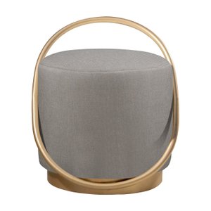 Puff Redondo Lunar em Linho e Base Metal Dourado Agarb Decor:linho Cinza