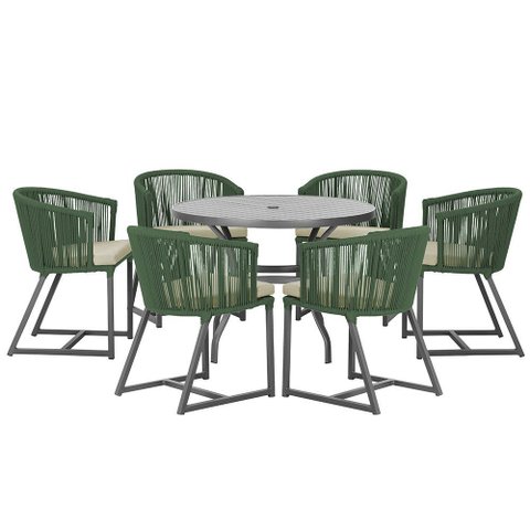 Mesa com 6 Cadeiras de Jantar Roma 120cm e Noronha em Alumínio Preto Corda Náutica Estofado 7 Trama