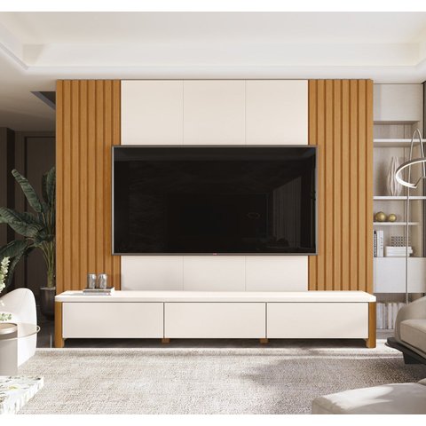 Rack Monaco com Painel Sierra para TV até 75 Polegadas 3 Gavetas Ripado MDF/MDP Pés em Madeira