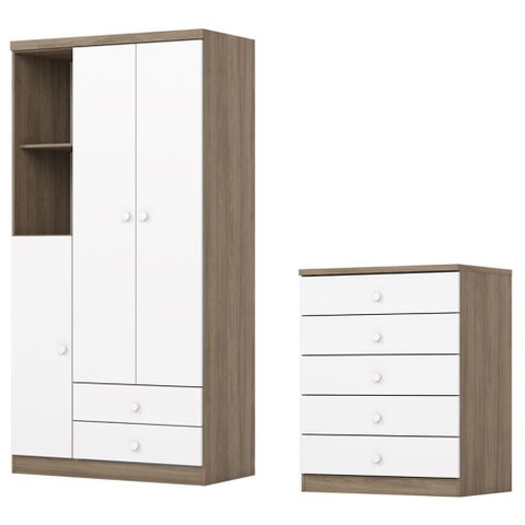 Guarda Roupa 3 Portas e Comoda 5 Gavetas Bala de Menta Rustico Branco Henn