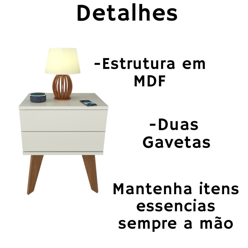 Kit 2 Mesas de Cabeceira 2 Gavetas 40 Cm Mdf Branco com Pés - 3