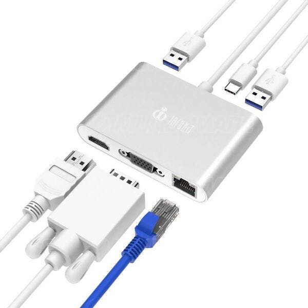 Adaptador Type-C para Notebook / Macbook 6 em 1 converte HDMI VGA USB 3.0 Type C Fêmea RJ45