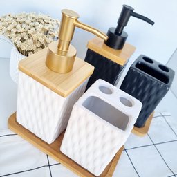 Kit Banheiro Lavabo Bambu Bandeja Porta Escova Sabonete 3 Pçs Quadrado Preto - 6