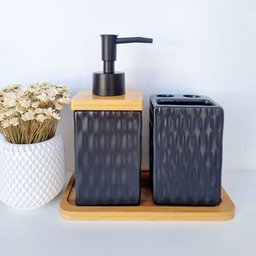 Kit Banheiro Lavabo Bambu Bandeja Porta Escova Sabonete 3 Pçs Quadrado Preto - 2