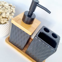 Kit Banheiro Lavabo Bambu Bandeja Porta Escova Sabonete 3 Pçs Quadrado Preto - 3