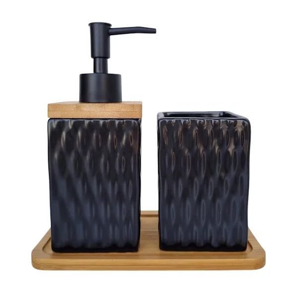Ver imagem 1 de Kit Banheiro Lavabo Bambu Bandeja Porta Escova Sabonete 3 Pçs Quadrado Preto