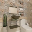 Ver imagem 1 de Gabinete De Vidro 45Cm Ac Com Cuba Redonda Ouro Envelhecido