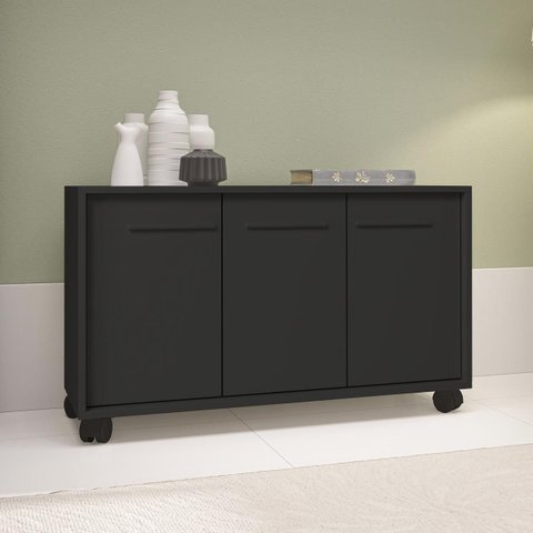 Balcão Aparador 90x53,5cm com 3 Portas e Rodízios Preto BSE05