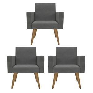 Kit 3 Poltronas Nina Premium: Suede/cinza-escuro